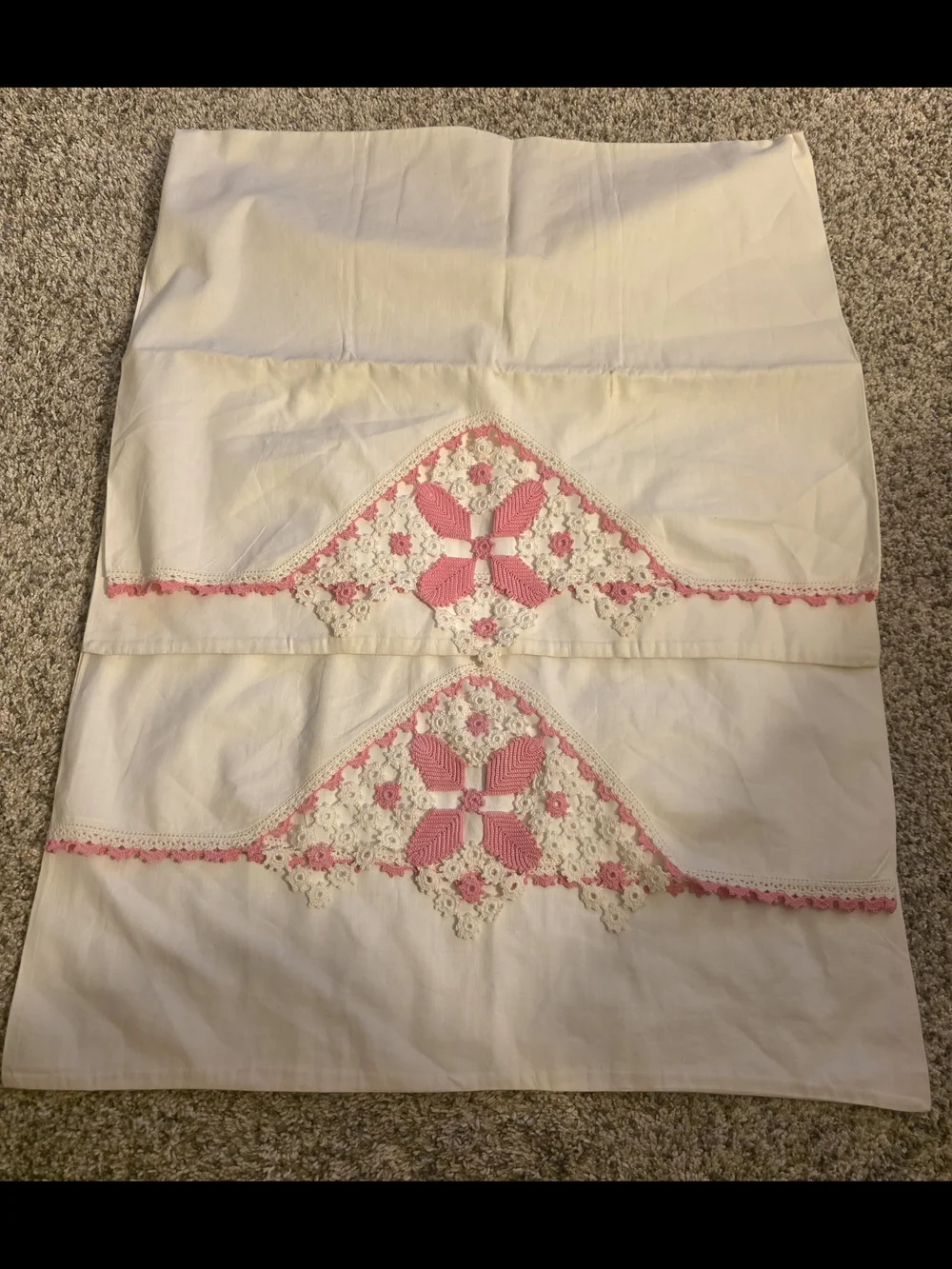 Handcrafted White Pillowcases with Pink Crochet Accents